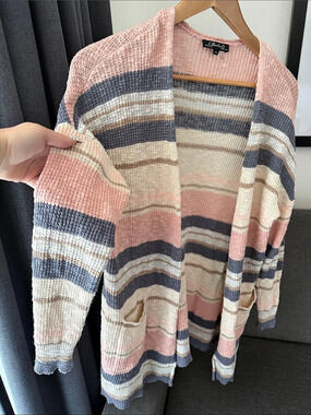 Colour block Charlie B Open Front Striped Cardigan Pink & Gray